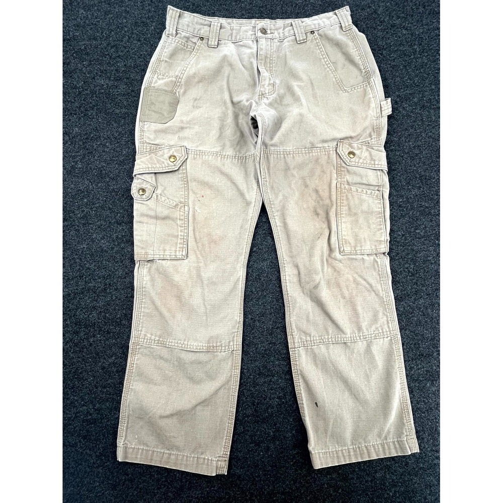 Carhartt Cargo Pants Mens 34x30 Beige Ripstop Relaxed Fit Distressed Workwear